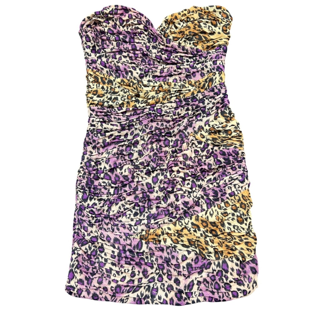 Nikibiki Mini Dress Women M Purple Tan Leopard Print Ruched Strapless Y2K Club